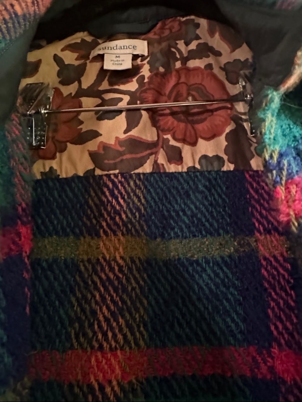 Sundance Teal & Navy Plaid Coat with Tan Quilted Sleeves - Picture 5 of 6